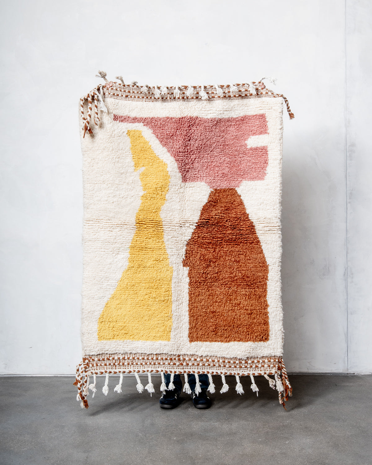 Modern, designer, handcrafted Berber rug from Morocco. Beniourain carpet with beautiful colours and patterns and fluffy wool texture.